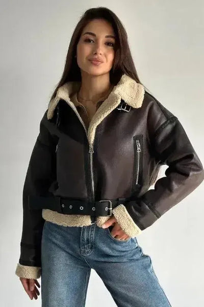Molly™| Leather Fur Coat Damen - Aviator Lederjacke
