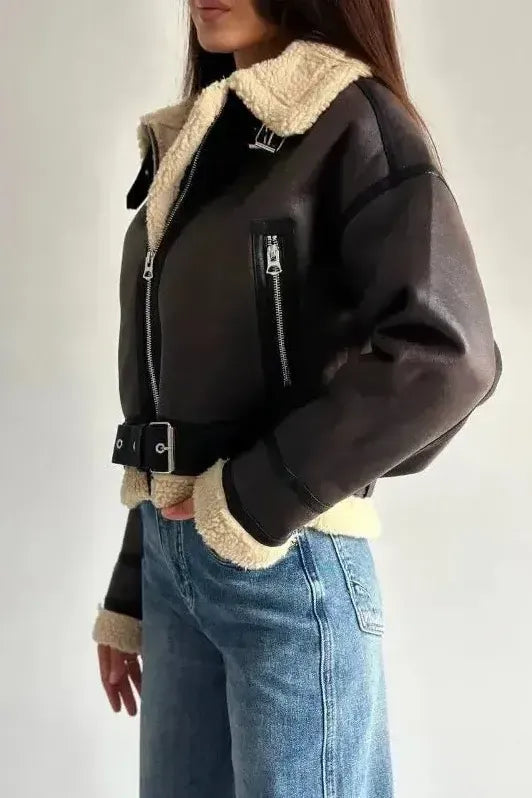 Molly™| Leather Fur Coat Damen - Aviator Lederjacke