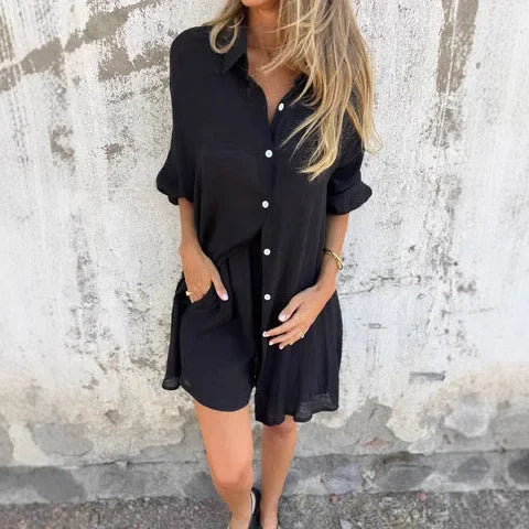 Nora™ | Lässige einfarbige Bluse mit Shorts-Set